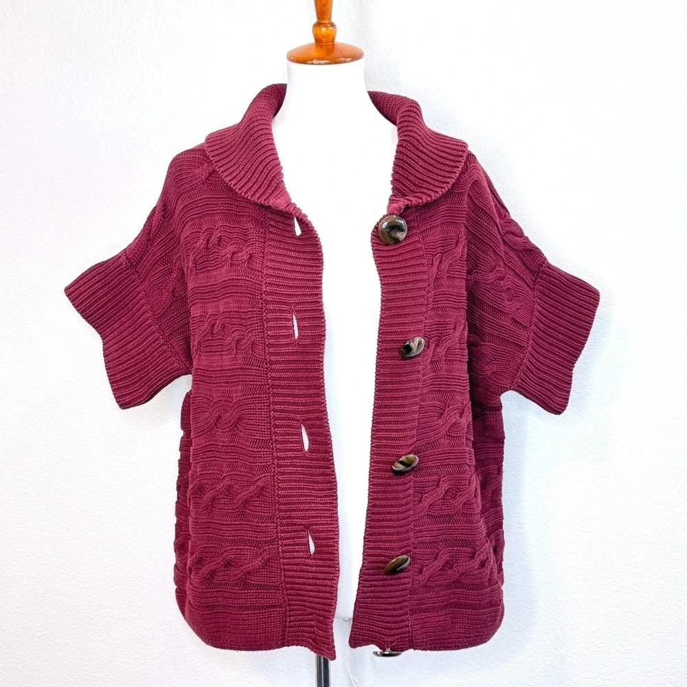 TALBOTS‎ Sweater Vest Short Sleeve Cardigan 2X Dk Red Cotton Cable Knit Burgundy